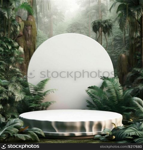 White empty podium in jungle forest. Illustration Generative AI 
