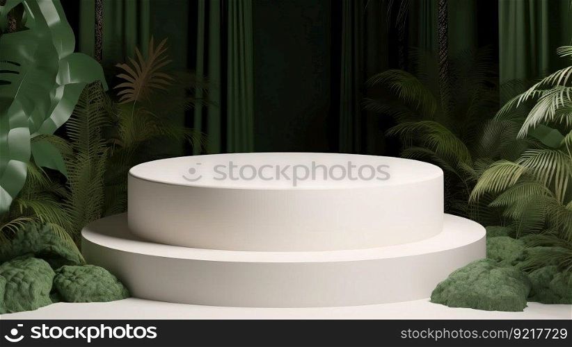 White empty podium in jungle forest. Illustration Generative AI 