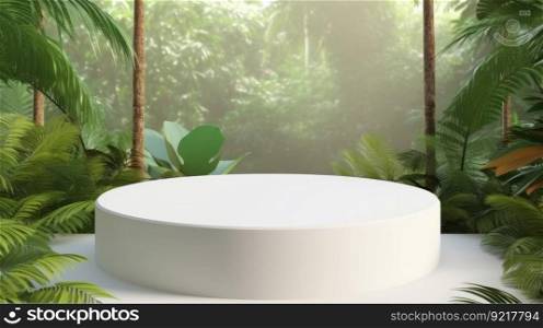 White empty podium in jungle forest. Illustration Generative AI
