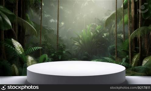 White empty podium in jungle forest. Illustration Generative AI
