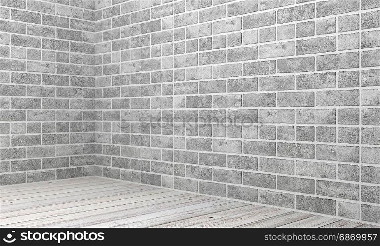 White empty room interior with white stone brick and white wooden floor