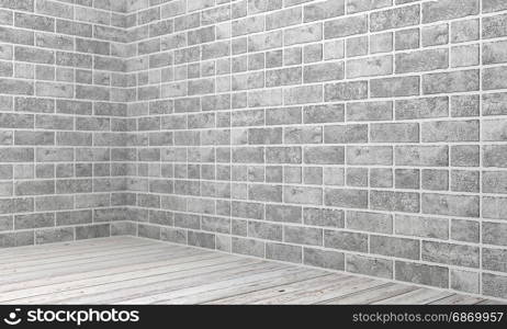 White empty room interior with white stone brick and white wooden floor
