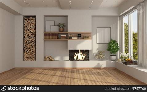 White empty room with minimalist fireplace - 3d rendering. White empty room with fireplace