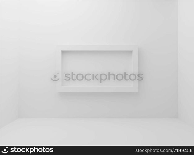 White empty room with mockup photo frame border in middle of wall background. Abstract and decorative object concept. Minimal architecture and simplicity theme. 3D illustration render graphic design