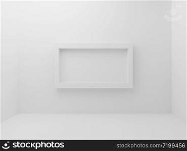 White empty room with mockup photo frame border in middle of wall background. Abstract and decorative object concept. Minimal architecture and simplicity theme. 3D illustration render graphic design