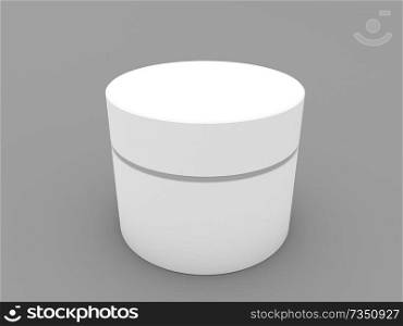 White empty round container on gray background. 3d render illustration.. White empty round container .