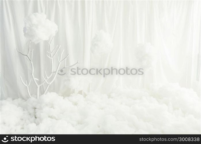 White fabric wall white white padding on floor in empty room. Abstract background.Relax, heaven background concept.