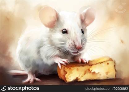 White fat mouse eating cheese. Dairy diet. Generate Ai. White fat mouse eating cheese. Generate Ai