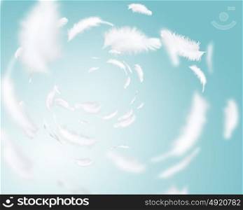 White feathers. Abstract background image of white feathers flying in air