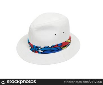 White Fedora hat with colorful band for heat and head protection - path included