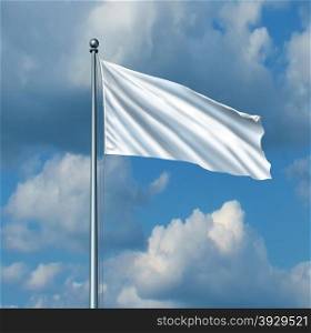 White flag surrender symbol as a metaphor for retreat in business and new start with a blank wavy cloth on a flagpole on a windy blue sky as an icon of giving up the fight with copy space for a promotion or advertising message.