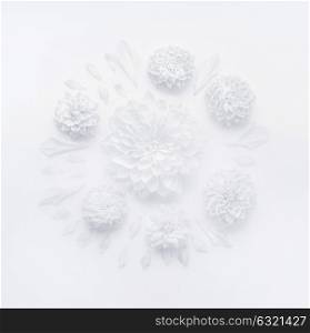 White flowers and petals round composition on white desk background, top view. Creative layout of greeting card for Mothers day, wedding ,happy event or birthday