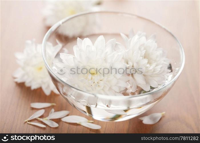 white flowers floating in bowl. spa background