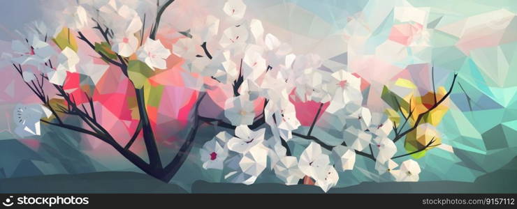 White flowers springtime blooming sakura tree brunches illustration in low poly design style, in natural pastel colors with copy space, wide long banner. AI Generated content
