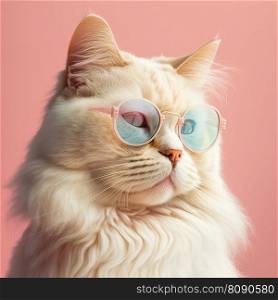 White fluffy cat in sunglasses, peach color background. Pop art modern style and lifestyle concept. Generative AI. White fluffy cat in sunglasses, peach color background. Generative AI