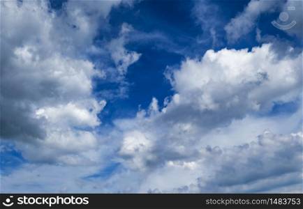 White fluffy clouds in the blue azure sky. Summer good weather background.
