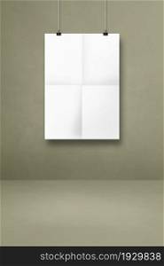 White folded poster hanging on a grey wall with clips. Blank mockup template. White folded poster hanging on a grey wall with clips