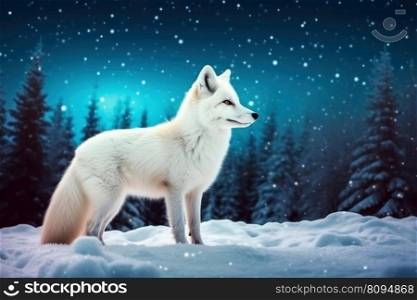White fox in forest. Winter animal. Generate Ai. White fox in forest. Generate Ai