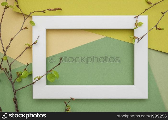 White frame and branches of a tree with young blossoming leaves on geometric green shades paper background. Copy space, mockup for your design. Spring time concept.. White frame and branches of a tree with young blossoming leaves on geometric green shades paper background. Copy space, mockup for your design. Spring time concept