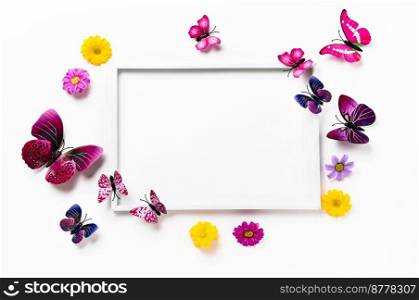 White frame mockup with vivid violet butterflies and flowers. Color trends of 2022. Copy space. Spring or Easter holidays. White frame mockup with butterflies and flowers
