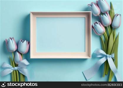 White frame on a blue background with tulip flower, AI Generative