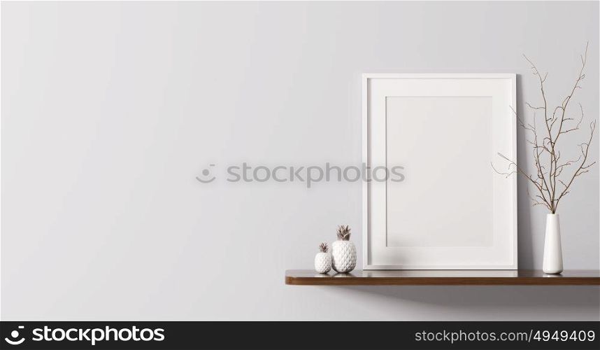 White frame on the shelf interior background 3d rendering