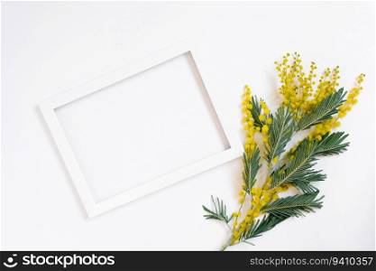 White frame surrounded by yellow mimosa flowers with copying space on a white background. Flat lay