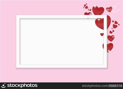 White frame with place for text on a pink background with red hearts. Greeting cards, invitations, celebration concept. White frame with place for text on a pink background with red hearts. Greeting cards, celebration concept