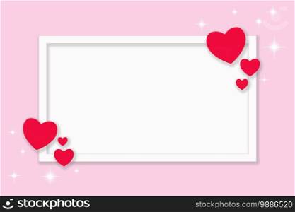 White frame with place for text on a pink background with red hearts. Greeting cards, invitations, celebration concept. White frame with place for text on a pink background with red hearts. Greeting cards, celebration concept