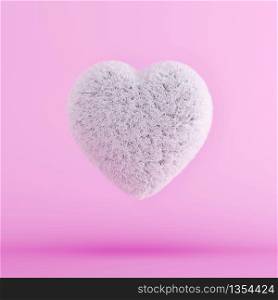 White Fur Heart floating on pink background. Minimal Valentine concept. 3D Render