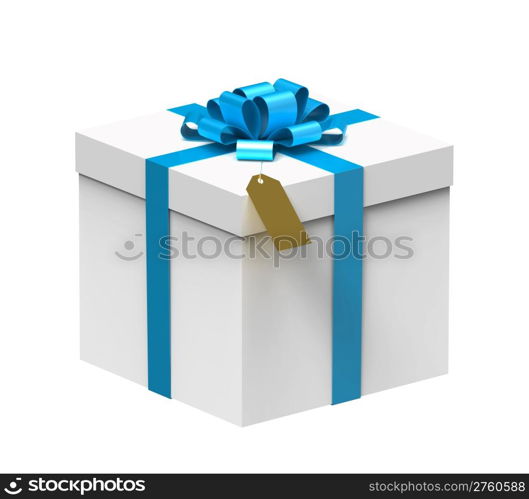 White gift box with blue ribbon isolated on white background