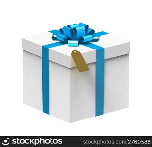 White gift box with blue ribbon isolated on white background