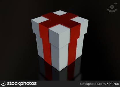 White gift box with red ribbon bow isolated on black background. Reflection. Copy space. 3d render.. White gift box with red ribbon bow isolated on black background.