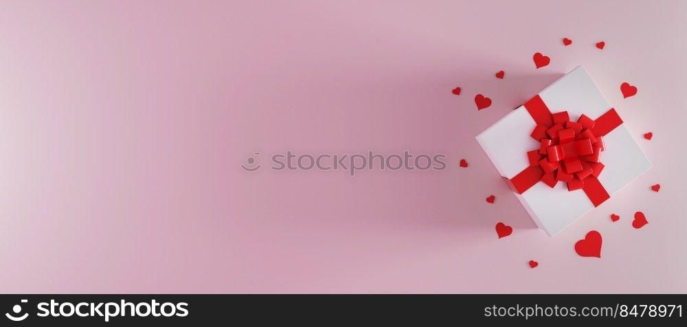 White gift box with red ribbon bow on light pink background with heart confetti. Christmas present, valentine day surprise, birthday concept. Flat lay, top view.