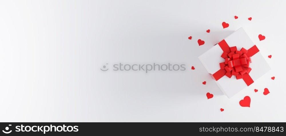 White gift box with red ribbon bow on white background with heart confetti. Christmas present, valentine day surprise, birthday concept. Flat lay, top view. Present concept 3d rendering