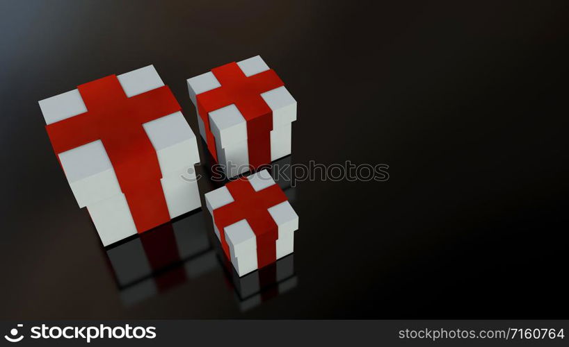 White gift boxes with red ribbon bow isolated on black background. Copy space. 3d render.. White gift boxes with red ribbon bow isolated on black background.