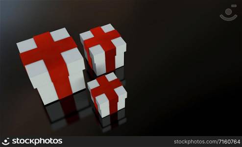 White gift boxes with red ribbon bow isolated on black background. Copy space. 3d render.. White gift boxes with red ribbon bow isolated on black background.