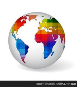 White globe symbol with rainbow colored and geometrical textured world map. Icon of Earth isolated on white with realistic shadow.&#xA;