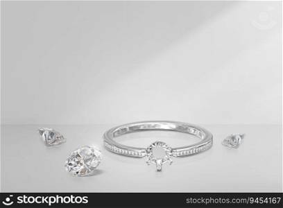 White gold or silver ring without gemstone and round diamond with reflection on a background