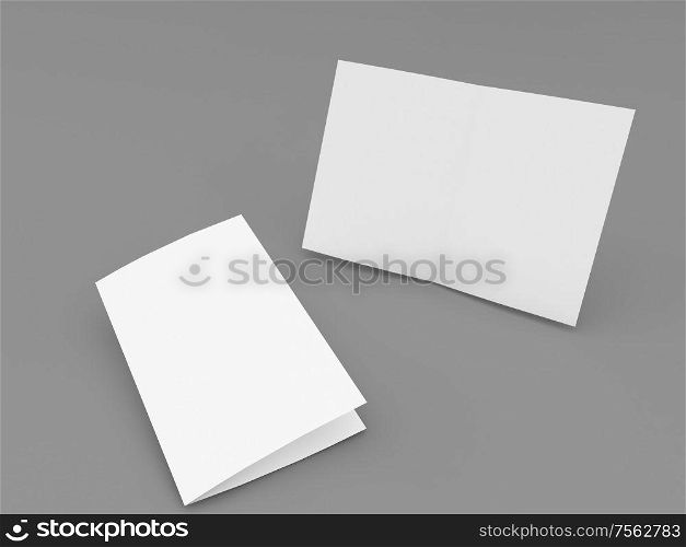 White greeting card on a gray background. 3d render illustration.. White greeting card on a gray background.