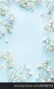 White gypsophila flowers or baby&rsquo;s breath flowers  on blue  background.  Copy space.