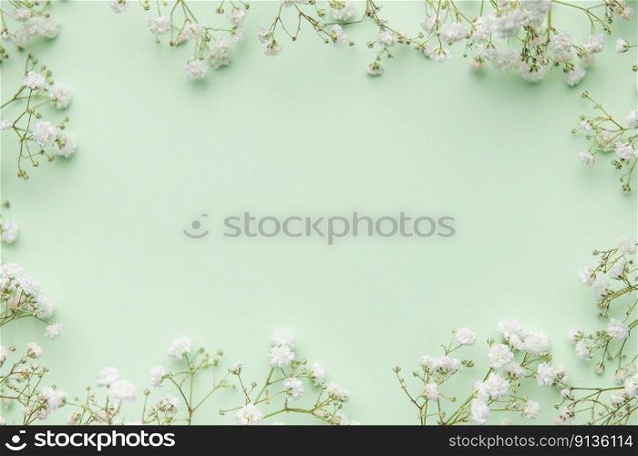 White gypsophila flowers or baby’s breath flowers  on green  background.  Copy space.