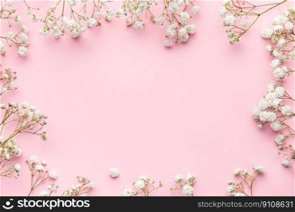 White gypsophila flowers or baby’s breath flowers  on pink  background.  Copy space.