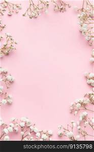 White gypsophila flowers or baby’s breath flowers  on pink  background.  Copy space.