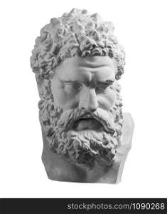 White gypsum copy of ancient statue of Heracles head for artists isolated on a white background. Plaster sculpture of man face. Son of Zeus, the ancient Greek god. Ancient statue of hero.. Gypsum copy of ancient statue Heracles head isolated on white background. Plaster sculpture man face.