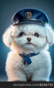 White haired dog with necklace blue hat AI generated AI generated. White haired dog with necklace blue hat AI generated
