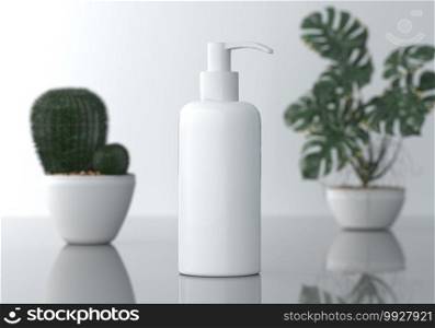 White hand press pump bottle with Cactus and Monstera plant in pots on reflection table. Cosmetic produce and medical beauty concept. Blank copy space for logo and text. 3D illustration rendering