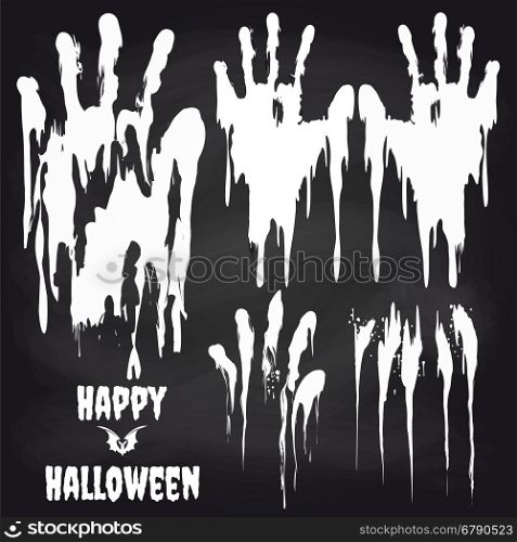 White handprints on chalkboard for halloween. White handprints on chalkboard set. Horror halloween objects vector illustration