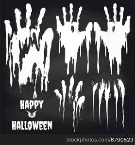 White handprints on chalkboard for halloween. White handprints on chalkboard set. Horror halloween objects vector illustration