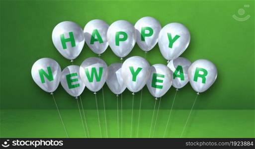 White happy new year balloons bunch on a green concrete background. Horizontal banner. 3D illustration render. White happy new year balloons on a green concrete background. Horizontal banner